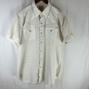 H Bar C Western Shirt Mens 17.5 White Grid Pearl Snap Short Sleeve Vintage